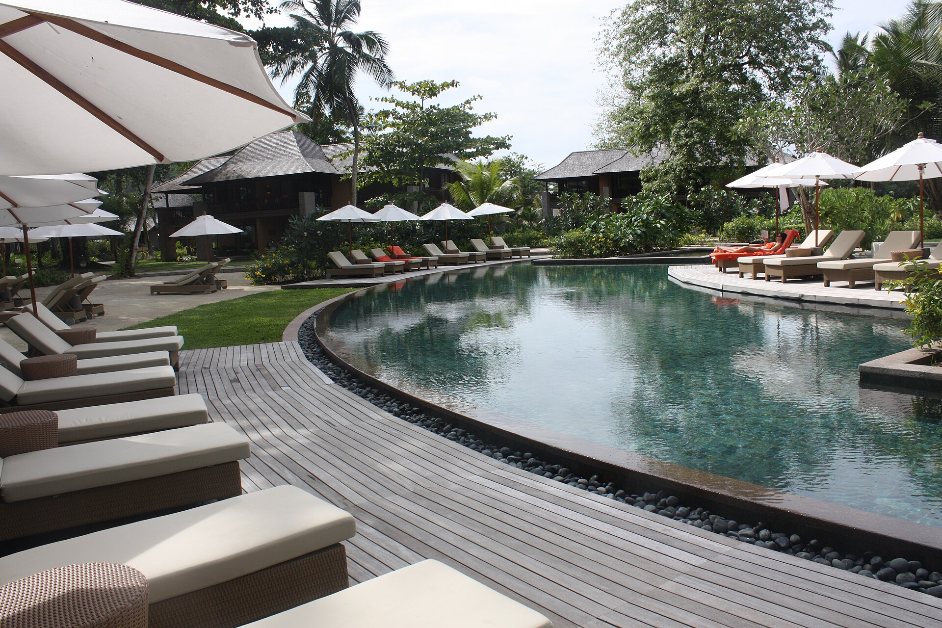 Pool and tropical setting at Constance Ephélia resort on Mahé, Seychelles