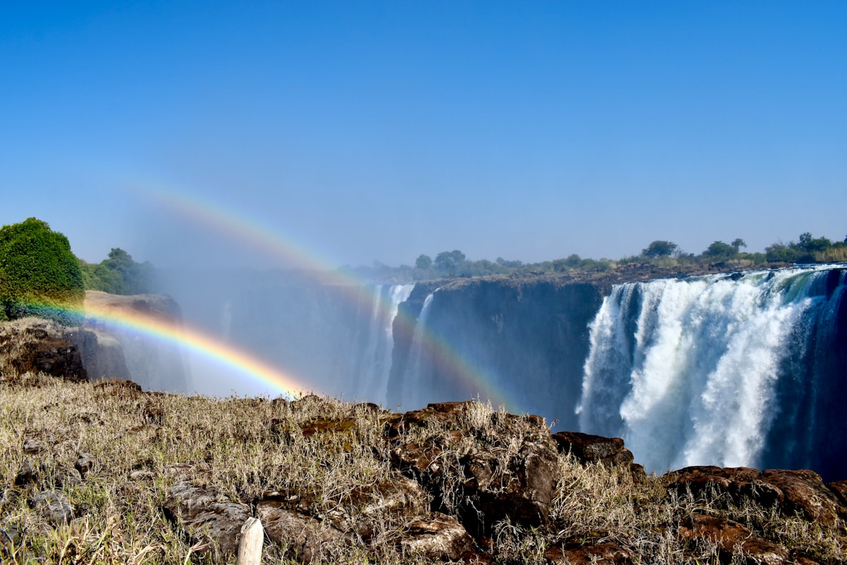A rainbow in the spray above Victoria Falls, seen from the Zimbabwean side