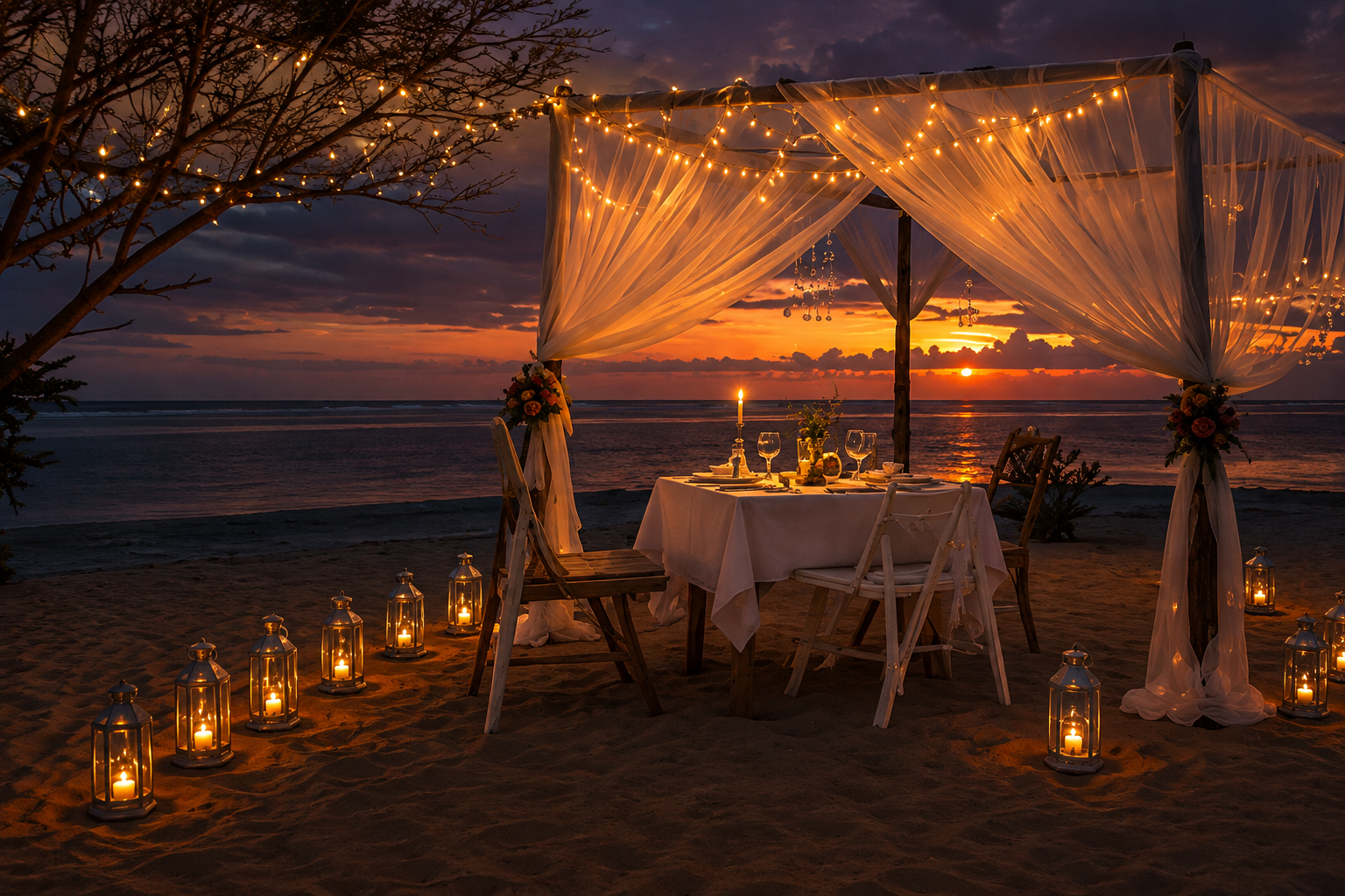 Candlelit private dinner set up on a beach at sunset for a honeymooning couple