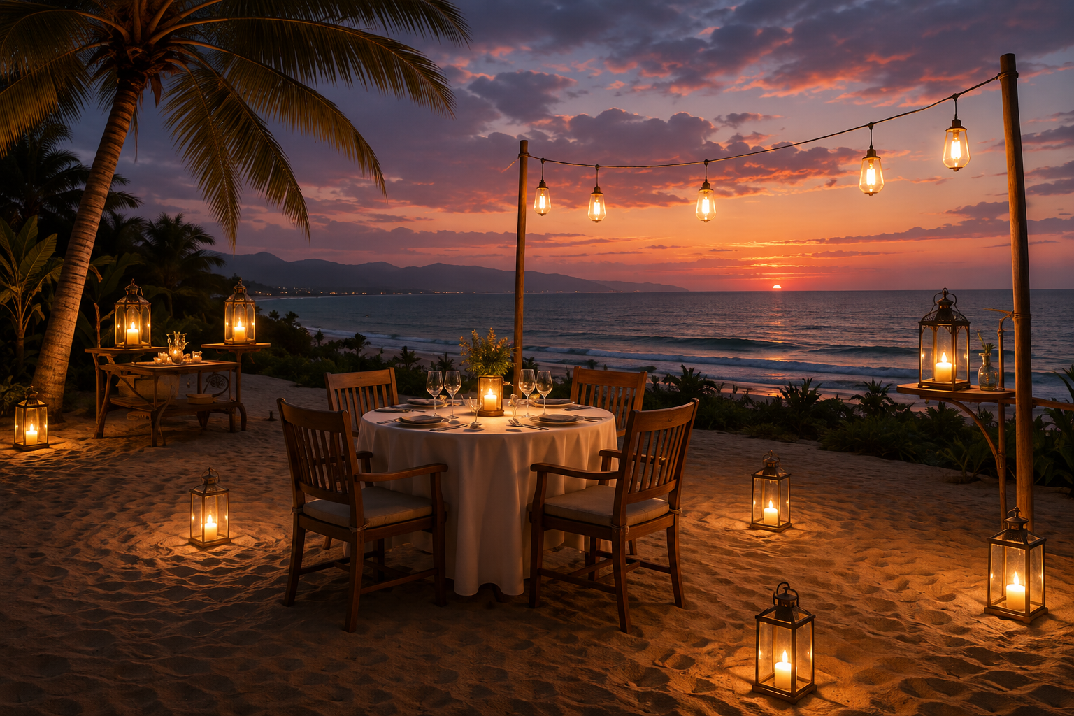 Candlelit table set for two on a beach at sunset