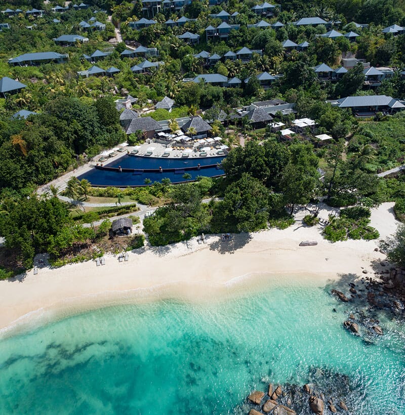Raffles Seychelles on Praslin with hillside villas, infinity pool and turquoise beach