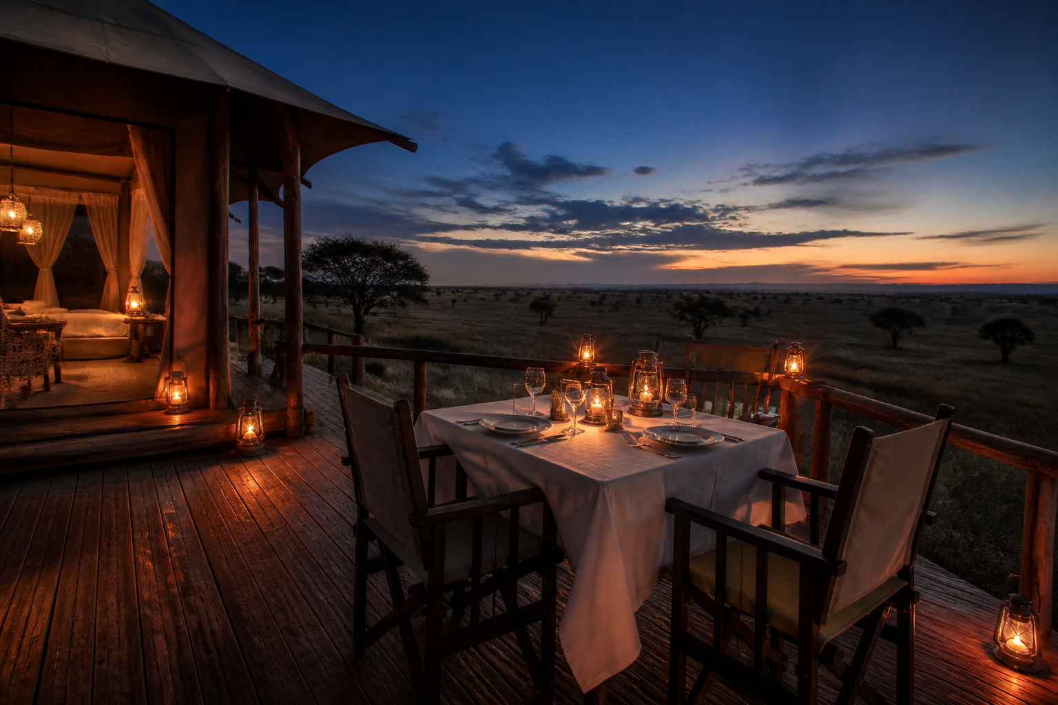 Lantern-lit private dinner outside a safari tent in the Serengeti