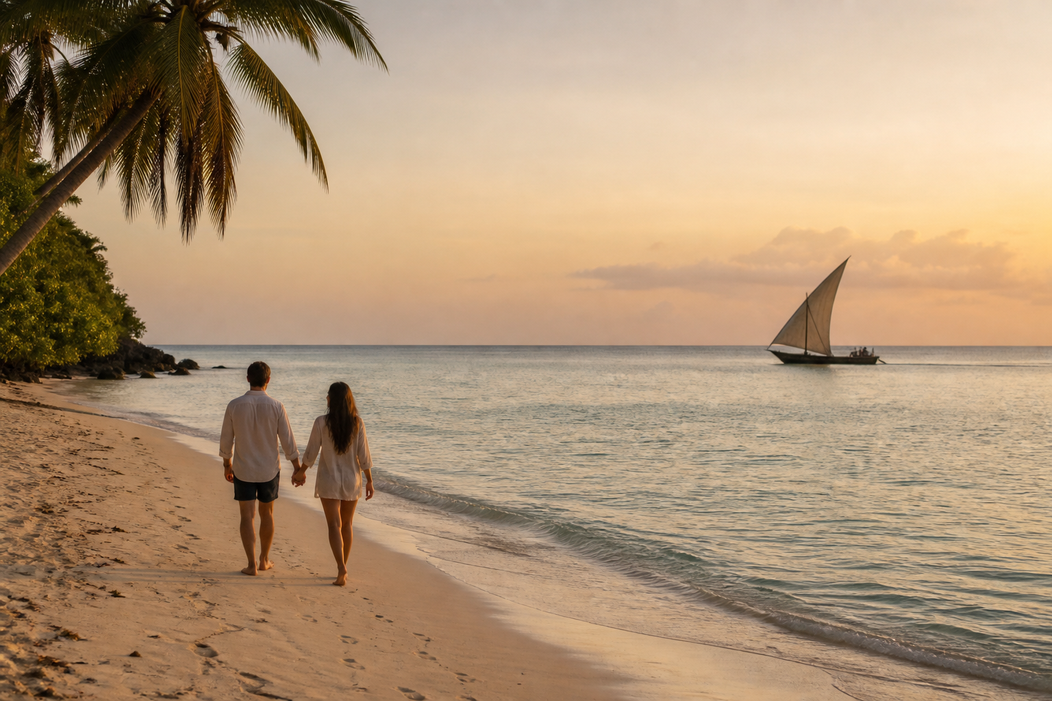 Couple walking along a Zanzibar beach at sunset